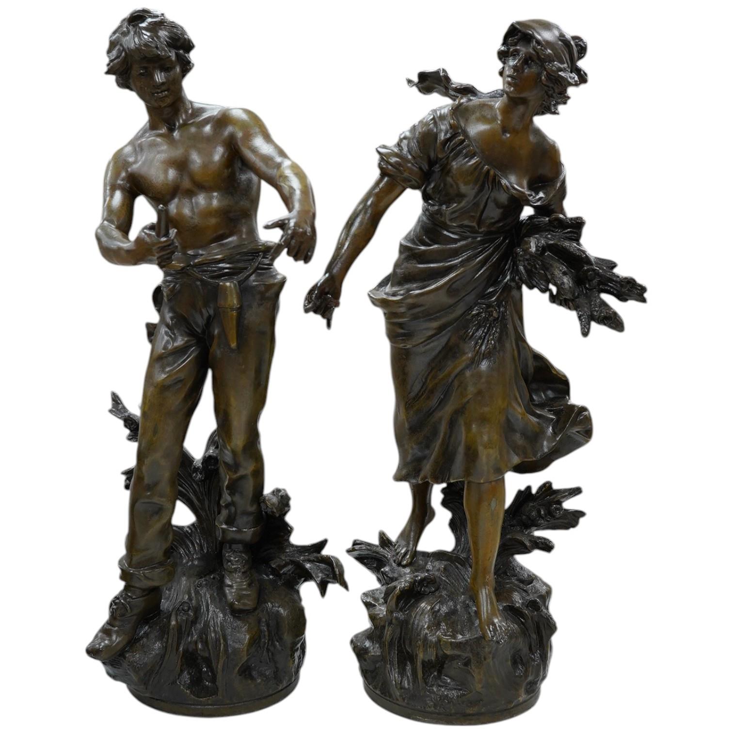 After Auguste Moreau 1861-1906, a pair of spelter figures, 60cm. Condition - fair (pieces missing)