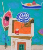 § § Leon Morrocco R.S.A., R.G.I. (Scottish, b.1942) Figure on a tower, boats beyondoil on