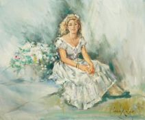 Gordon King (English, 1939-2022) Young woman seated in a white dressoil on canvassigned49 x 59cm
