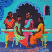 § § Leon Morrocco R.S.A., R.G.I. (Scottish, b.1942) 'Girls taking tea, Mumbai'oil on boardsigned and