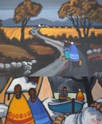 J.P. Rooney (British, b.1947)Travellers in a harvest landscape and Figures and boatmen beside