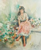 Gordon King (English, 1939-2022) Young woman seated in a pink skirtoil on canvassigned59 x 49cm Good