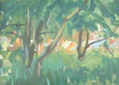 Sherree Valentine Daines (English, b.1959) Figures in the parkoil on boardinitialled24 x 33cm Honest