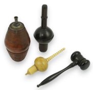 A 19th century coquilla nut powder flask, a hardwood cased ivorine hydrometer and a small ebony