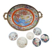 A pair of 18th century Chinese export tobacco leaf pattern pedestal salts, a clobbered Chinese