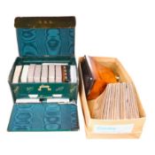 A Cook's patent stereoscope viewer and viewing cards together with a green Morocco leather playing