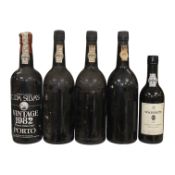 Five bottles of port to include three bottles of Warre’s 1975 (no label), a bottle of C. Da Silvas