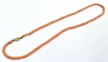 ANTIQUE NATURAL CORAL BEAD NECKLACE 44cm long, with 3.3mm natural coral beads and 9ct gold bolt ring