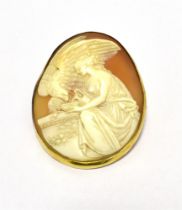 LARGE CAMEO BROOCH DEPICTING A CLASSICAL LADY WITH WINGED BIRD. B Mount unmarked, working clasp.