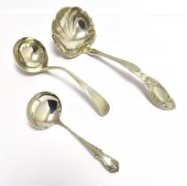 THREE SILVER LADLES The ladles in various lenghts and styles. Total weight 109g