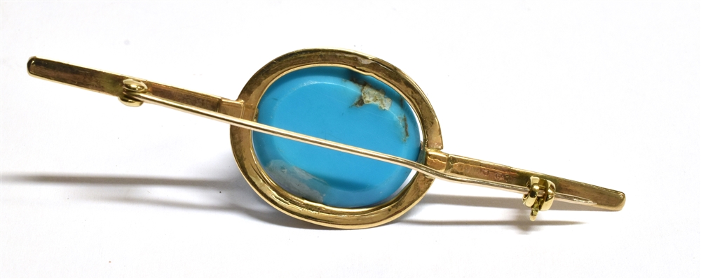 NATURAL TURQUOISE BROOCH An intense sky blue turquoise oval cabochon, approx 19.4 x 16.1mm, in a 9ct - Image 2 of 3