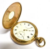 WALTHAM HALF HUNTER POCKET WATCH 46.6mm gold filled case, no 2764096, white ceramic dial, with