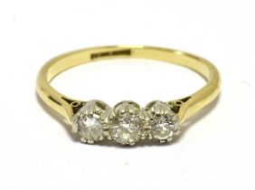 18CT GOLD, PLATINUM THREE STONE DIAMOND RING Shank marked 18c plat, ring size P1/2, weight 3g, retro