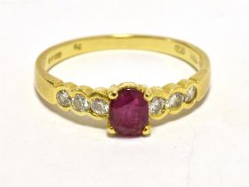 RUBY AND DIAMOND DRESS RING 18CT GOLD RING SIZE N, Weight 2g approx