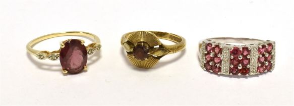 THREE 9CT GOLD GARNET SET DRESS RINGS Ring sizes L1/2, O1/2, S, weight 9.5g Condition Report : One