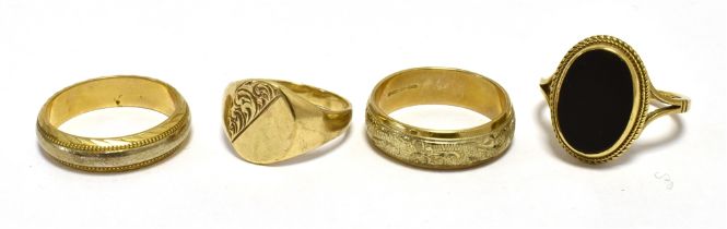 FOUR 9CT GOLD RINGS To include two signet rings, one fitted with black panel bezel. Ring sizes K,