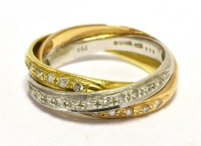 DIAMOND ACCENT TRILOGY RING Stamped 750, faded marks to shank ring in yellow, white and rose