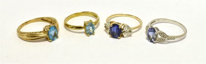 FOUR 9CT GOLD GEM AND STONE SET RINGS To include TGCC RING sizes N1/2, O, O1/2, P1/2. Total
