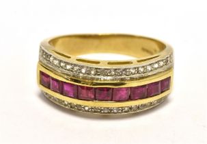 DECO STYLE RUBY RING The ring in tapered 9ct gold with half band centrally set with calibre cut