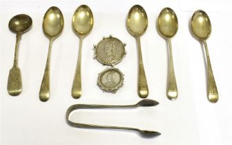 MISCELLANEOUS COLLECTION OF SILVER comprising two silver coin set brooches for 1887 in detachable