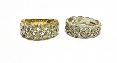TWO DIAMOND FANCY DRESS RINGS Stamped 375 and 9kt - one in white metal. Ring sizes O, O1/2, weight