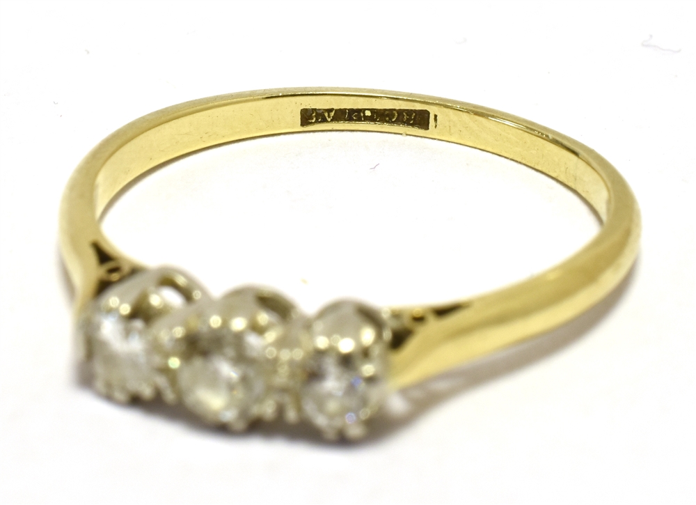 18CT GOLD, PLATINUM THREE STONE DIAMOND RING Shank marked 18c plat, ring size P1/2, weight 3g, retro - Image 3 of 3