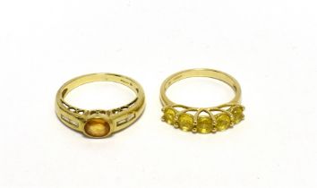 TWO GOLD GEM SET RINGS 9CT TJC 9CT GOLD FIVE STONE YELLOW SAPPHIRE DRESS RING. Ring size O -O 1/2