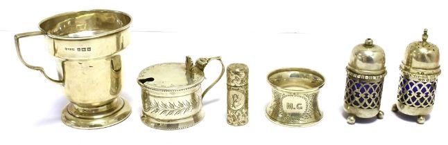MISCELLANEOUS COLLECTION OF SILVER Comprising a small engraved cup, silver cruet (with blue glass