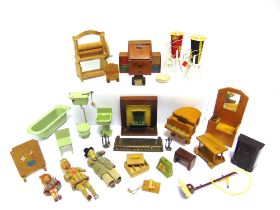 ASSORTED DOLL'S HOUSE FURNITURE & ACCESSORIES mid 20th century; together with three Grecon dolls.