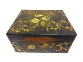 A VICTORIAN PAPIER-MACHE SEWING BOX with painted floral and gilded scrollwork decoration, the hinged