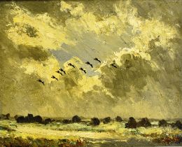 IAN HOUSTON (BRITISH, CONTEMPORARY) Landscape with grey skies and wildfowl, oil on board, signed