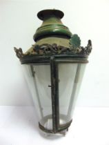 A 19TH CENTURY PAINTED COPPER STREET GAS LANTERN with a white metal anthemion and scrollwork collar,