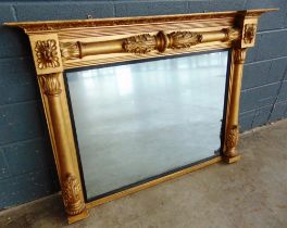 A REGENCY GILT GESSO OVERMANTEL MIRROR with acanthus leaf decorated pilaster supports, 107cm high,