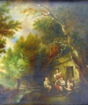 STYLE OF GEORGE MORLAND (19TH CENTURY) Woodland cottage with gathered family, oil on panel,