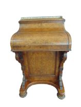 A VICTORIAN BURR WALNUT PIANO TOP DAVENPORT with a brass three-quarter gallery to the rising storage