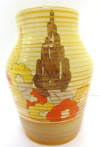 A CLARICE CLIFF BIZARRE RANGE ISIS VASE DECORATED IN THE CAPRI PATTERN finished in shades of