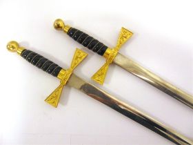 TWO MASONIC CEREMONIAL DRESS SWORDS by Wilkinson, post 1952, the 76.5cm straight steel blades etched