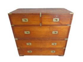 AN EARLY 19TH CENTURY MAHOGANY & BRASS-BOUND CAMPAIGN CHEST of two short and three long drawers,