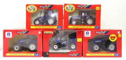 FIVE 1/32 SCALE BRITAINS MODEL TRACTORS comprising a No.40848, New Holland TS135A; No.42099, New