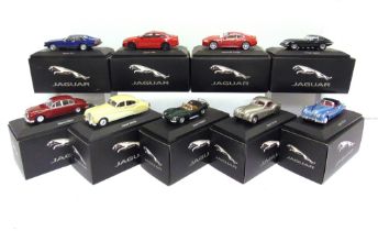 NINE 1/43 SCALE ATLAS EDITIONS MODEL JAGUAR CARS comprising an XK120, silver; XK140, metallic