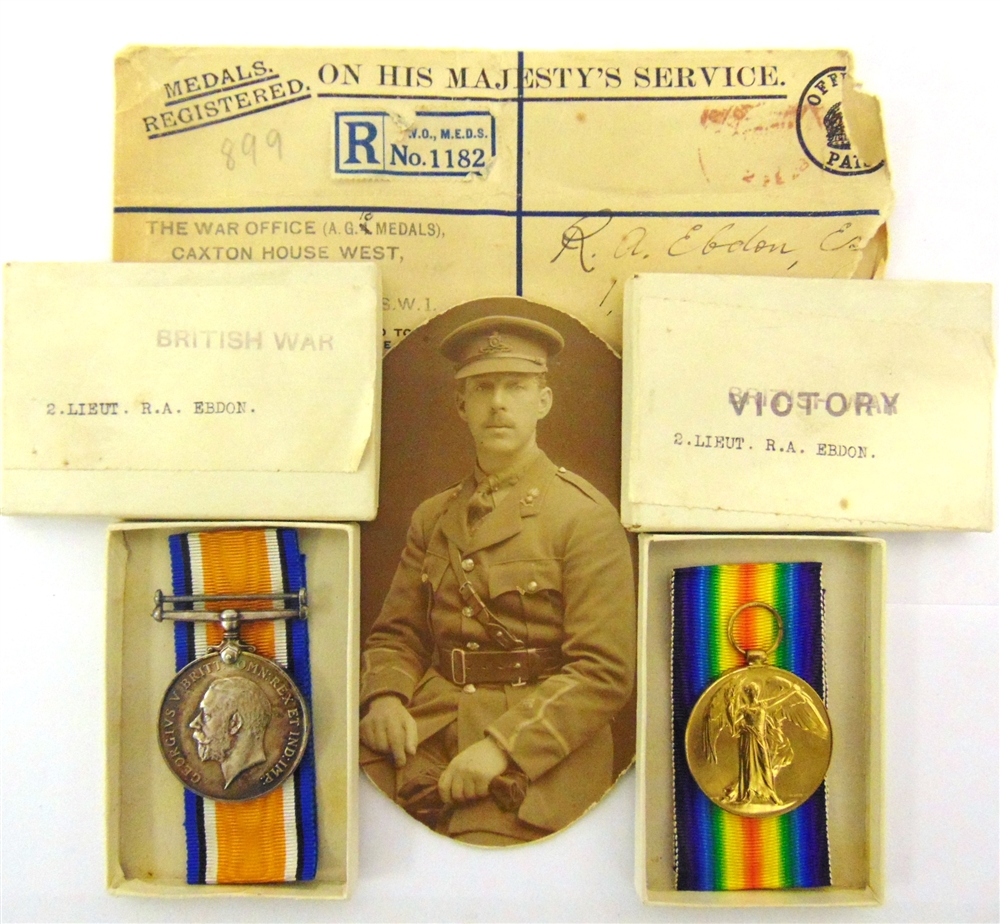 A GREAT WAR PAIR OF MEDALS TO SECOND LIEUTENANT R.A. EBDON, ROYAL ARTILLERY comprising the British