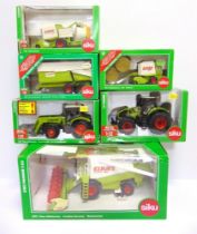 A 1/32 SCALE SIKU MODEL TRACTOR & FARM IMPLEMENT COLLECTION comprising a No.3280, Claas Axion 950;