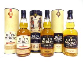 [WHISKY]. GLEN MORAY 16 YEARS OLD SPEYSIDE SINGLE MALT one bottle (40%, 70cl), tin tubed; together