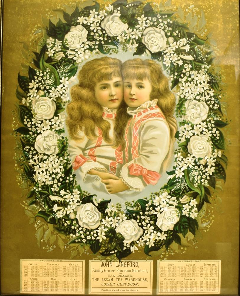 A PROMOTIONAL CALENDAR, 'FLOWERS OF LOVELINESS', 1887 issued for John Langford, Family Grocer,