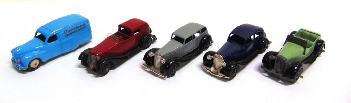 FIVE ASSORTED DIECAST MODEL VEHICLES circa 1940s-50s, by Dinky (4), and Tootsietoy (1), each