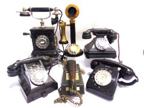 SIX ASSORTED TELEPHONES comprising two in black bakelite; a trimphone; a stick telephone; and two