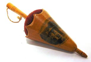 A MAUCHLINE WARE PIN CUSHION in the form of a parasol, transfer printed with a view of St. Anne's