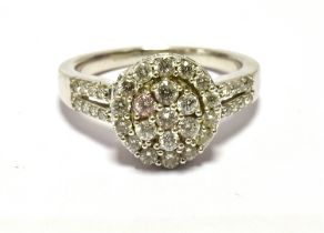 ILIANA 18K DIAMOND HALO RING (WHITE GOLD) Split row diamond shoulders, ring size O 1/2, Weight 6.