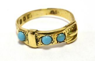 A 15CT GOLD TURQUOISE SET BUCKLE RING hallmarked London 1927, ring size N 1/2, weight 3grams approx
