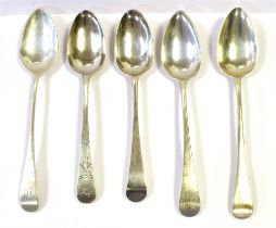 FIVE ASSORTED SILVER SERVING SPOONS. To include 19th Century and bright cut weight 280g